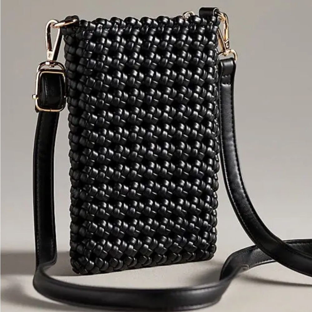 Anthropologie Kalani Woven Knot Bag Black Mini Crossbody Adjust Strap Zip Top
